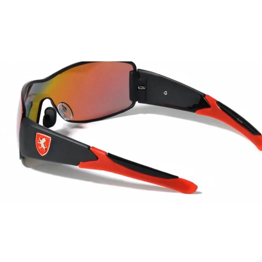 Mens Sport Wrap Sunglasses Black‎ Red Shield Red Mirror Lens Fashion Performance